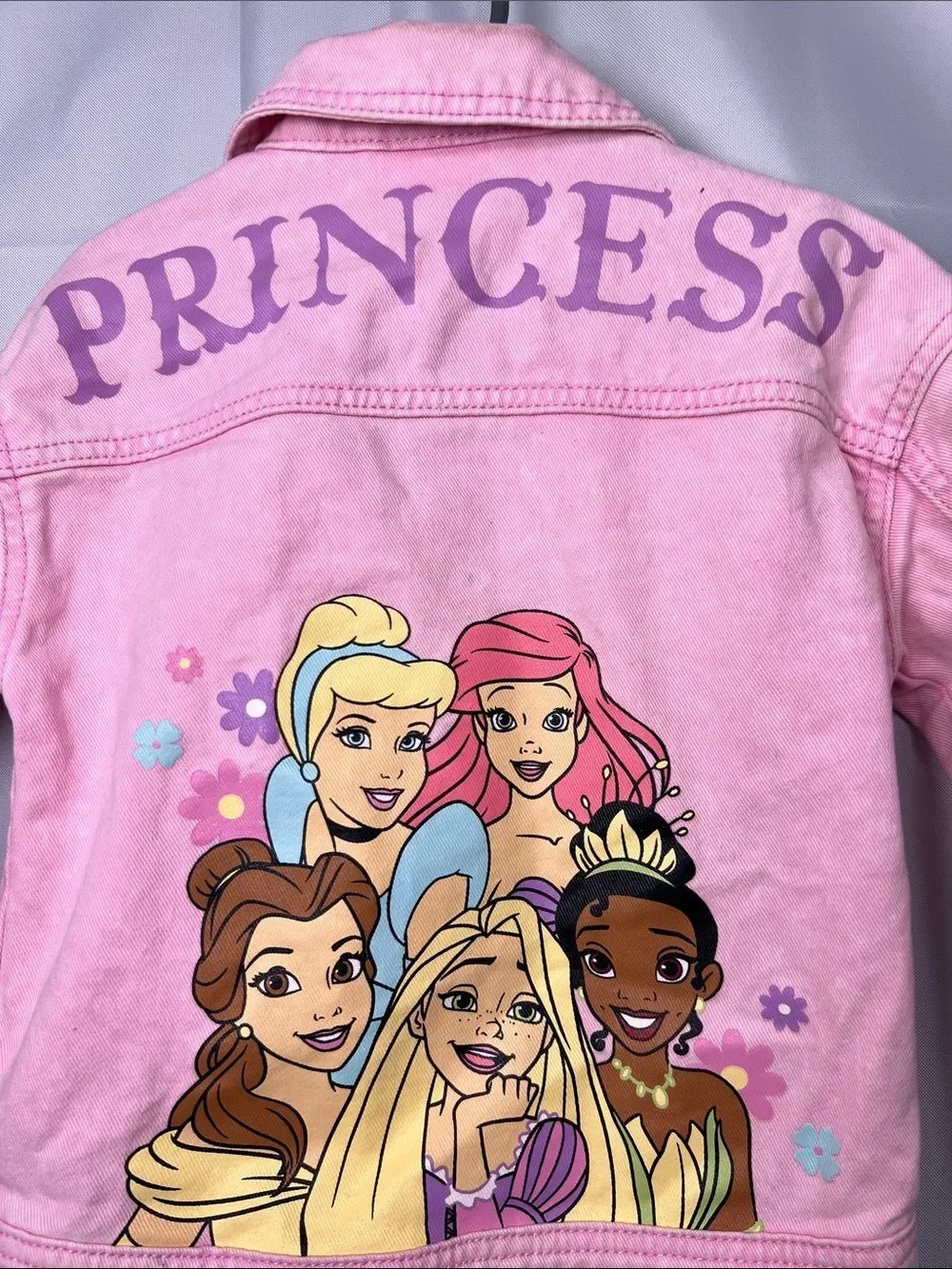 Disney Princess pink denim jacket with princess embroidery and graphic size 5